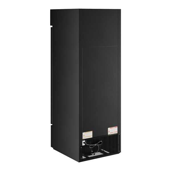 A black True glass door merchandiser freezer with the door open.