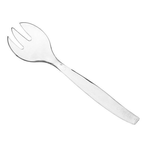 A clear disposable plastic serving fork.