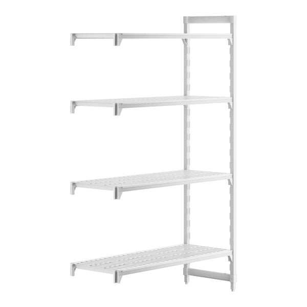 A white Cambro Camshelving® Premium add on unit with four vented shelves.