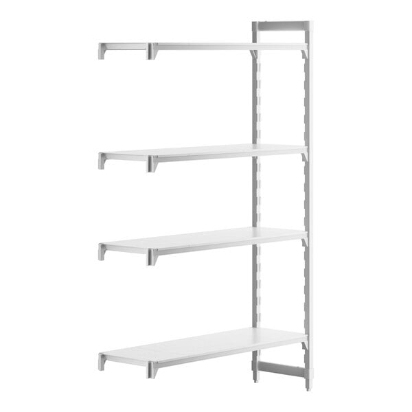 A white rectangular plastic shelf with four shelves.