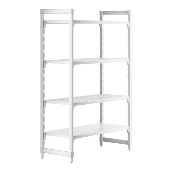 A white Cambro Camshelving Premium stationary starter unit with 3 vented shelves and 1 solid shelf.