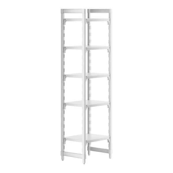 A white Cambro Camshelving Premium stationary starter unit with 5 shelves.