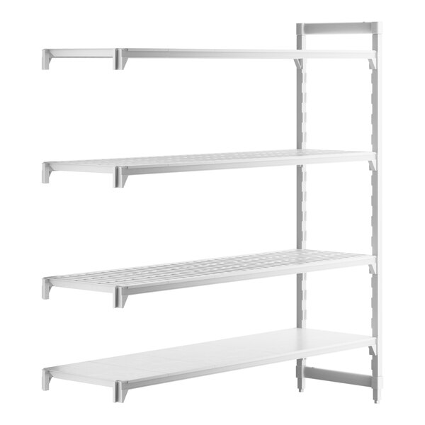 A white rectangular Cambro Camshelving® Premium Add-On Unit with 3 shelves and 1 solid shelf.
