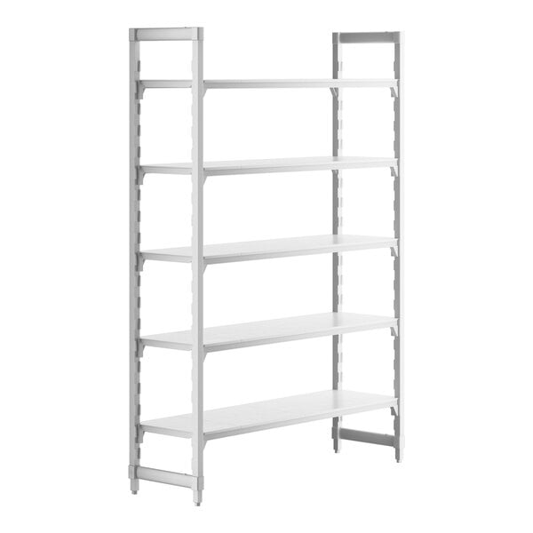 A white Cambro Camshelving Premium stationary starter unit with 5 shelves.