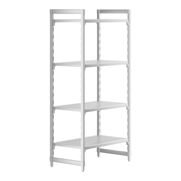 A white plastic Cambro Camshelving Premium unit with four shelves.