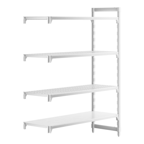 A white rectangular Cambro Camshelving Premium Add-On Unit with 3 vented shelves and 1 solid shelf.