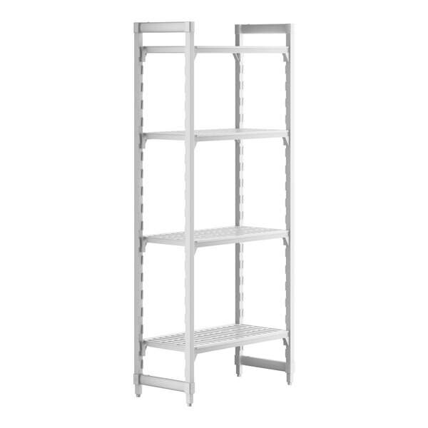 A white Cambro Camshelving® Premium shelving unit with four shelves.