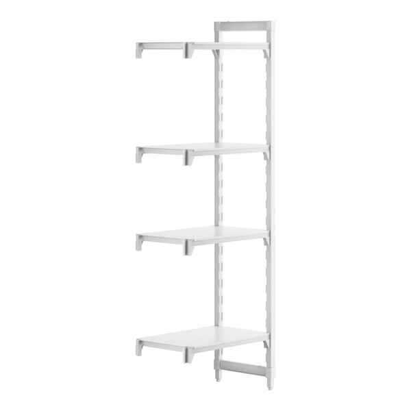 A white Cambro Camshelving® Premium add on unit with four shelves.