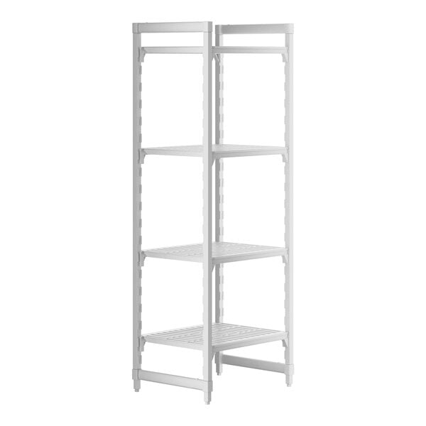 A white plastic Cambro shelving unit with vented shelves.