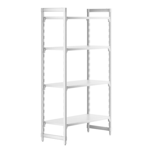 A white Cambro Camshelving Premium stationary unit with four shelves.