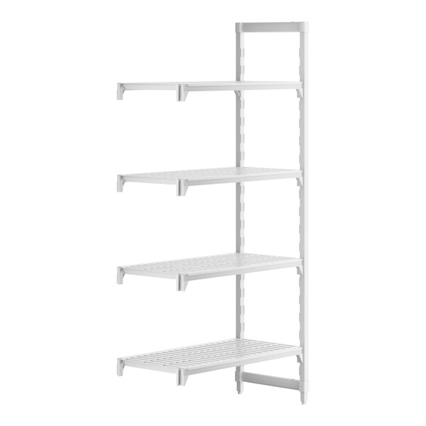 A white Cambro Camshelving Premium add on unit with four shelves.