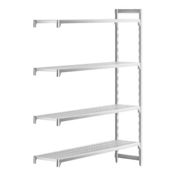 A white plastic shelving unit with four vented shelves.