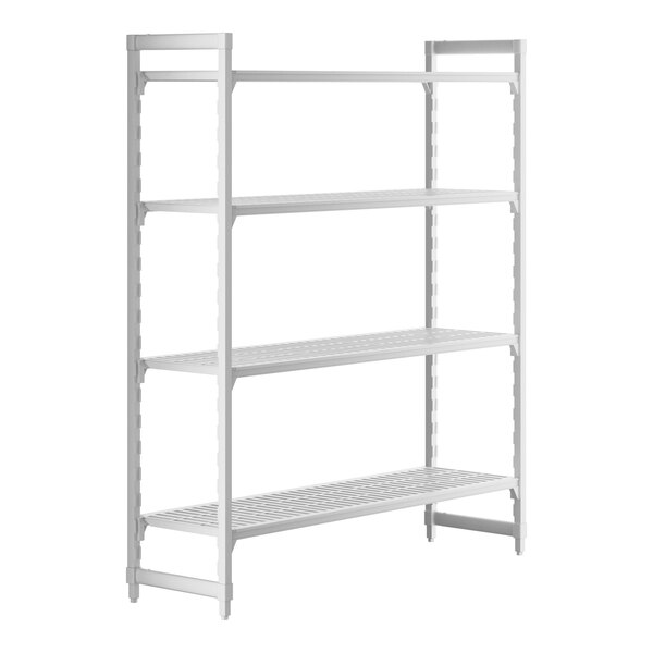A white plastic shelving unit with 4 vented shelves.