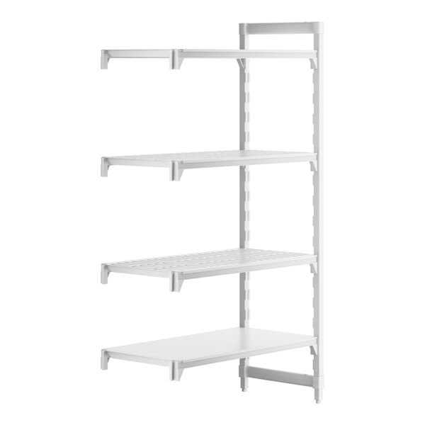 A white Cambro Camshelving® stationary add-on unit with vented and solid shelves.