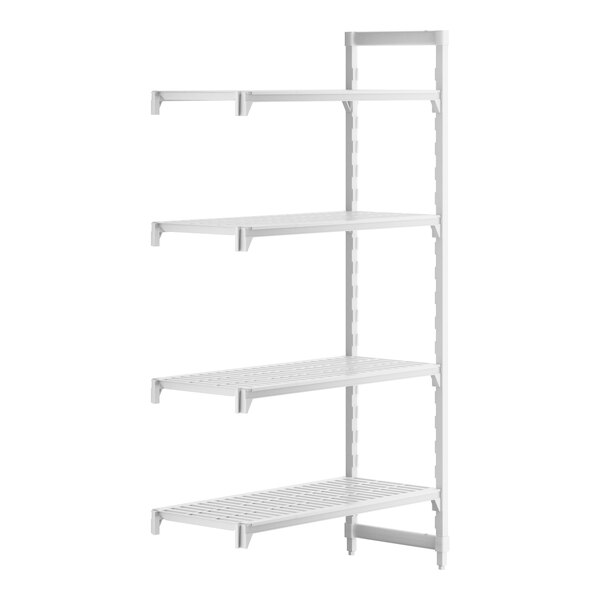 A white plastic shelf with four shelves.