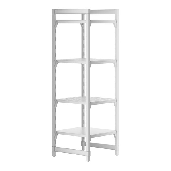 A white plastic Cambro Camshelving unit with 3 vented shelves and 1 solid shelf.