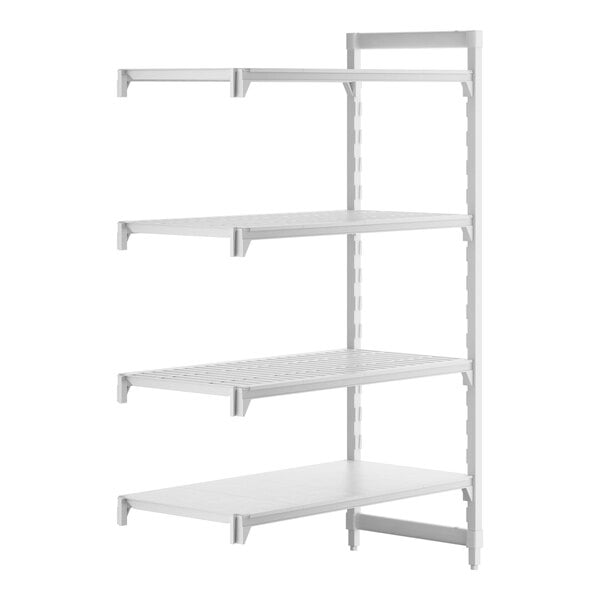 A white Cambro Camshelving® add-on unit with 3 vented and 1 solid shelf.