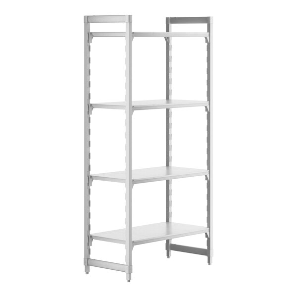 A white Cambro Camshelving Premium stationary shelving unit with four shelves.