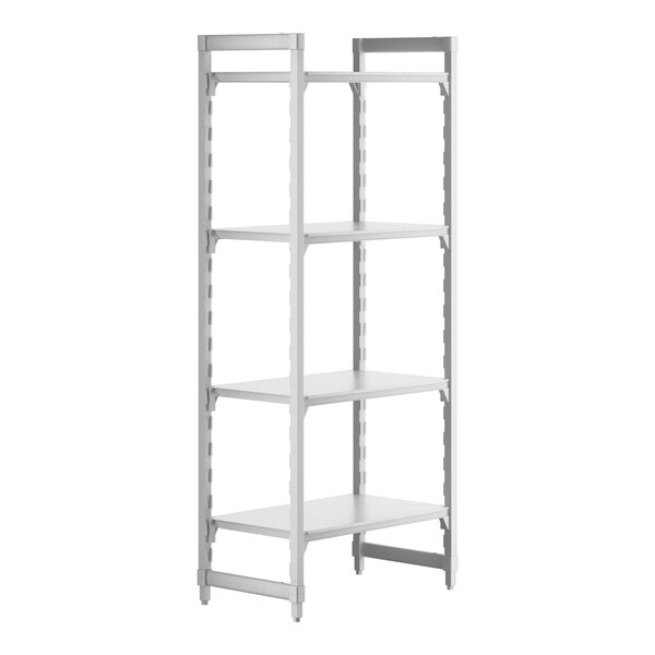 A white Cambro Camshelving Premium stationary starter unit with four shelves.