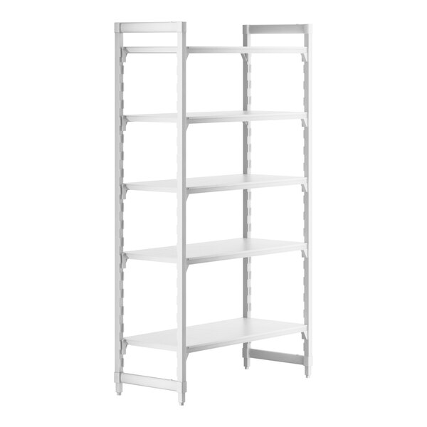 A white shelving unit with five shelves.
