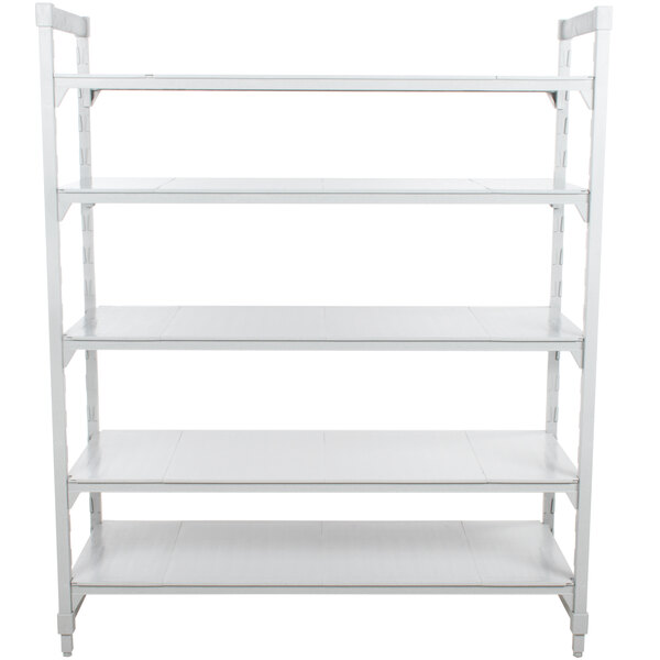 A white metal Cambro Camshelving® Premium starter unit with 5 shelves.