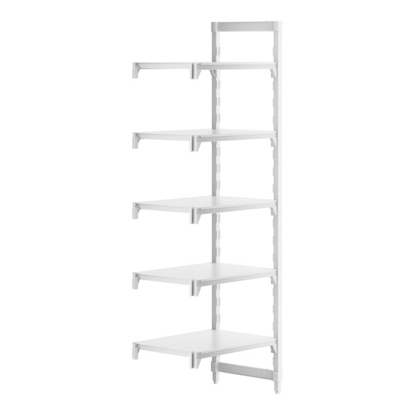 A white Cambro Camshelving® Premium add on unit with 5 shelves.