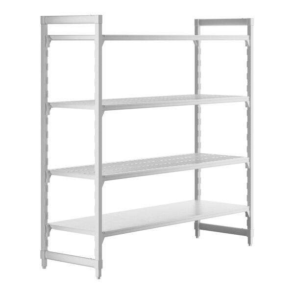 A white metal Cambro Camshelving Premium stationary unit with three vented shelves and one solid shelf.