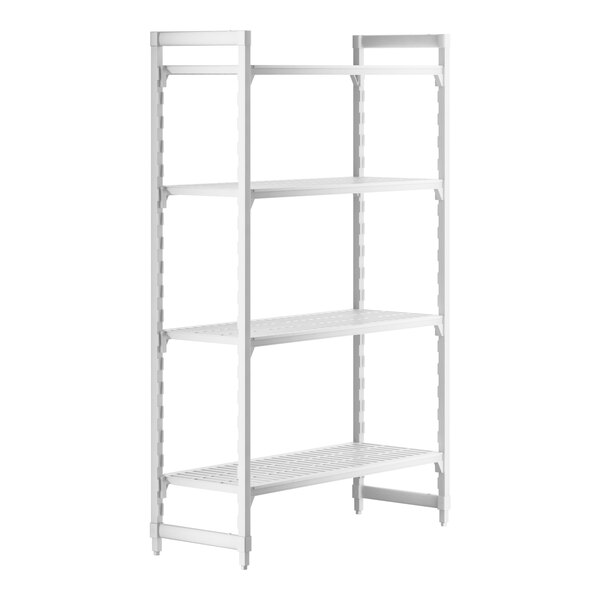 A white Cambro Premium shelving unit with 4 vented shelves.