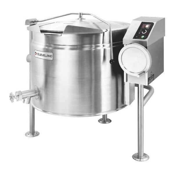 A large stainless steel tilting steam jacketed electric kettle with a control panel and spout, designed for commercial kitchen use.