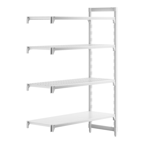 A white rectangular plastic shelf with 3 vented shelves and 1 solid shelf.