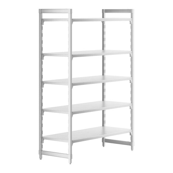 A white Cambro Camshelving® Premium stationary starter unit with 5 shelves.