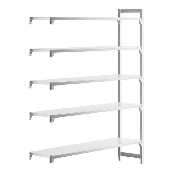 A white rectangular Cambro Premium Camshelving unit with five shelves.