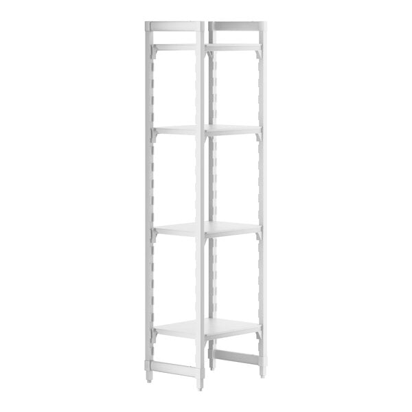 A white Cambro Camshelving® Premium stationary starter unit with four shelves.