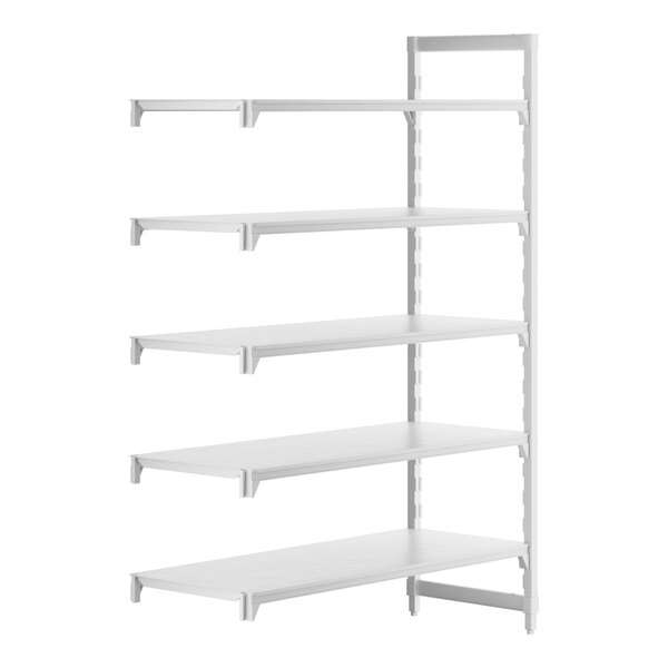 A white rectangular Cambro camshelving unit with five shelves.