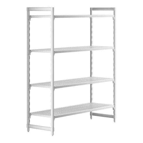 A white metal shelving unit with four vented shelves.