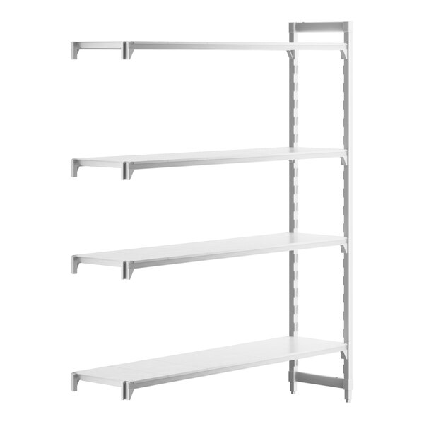 A white rectangular Cambro Camshelving® Premium Add On Unit with four shelves.