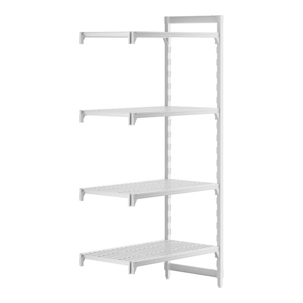 A white Cambro Camshelving® Premium add on unit with 3 shelves.