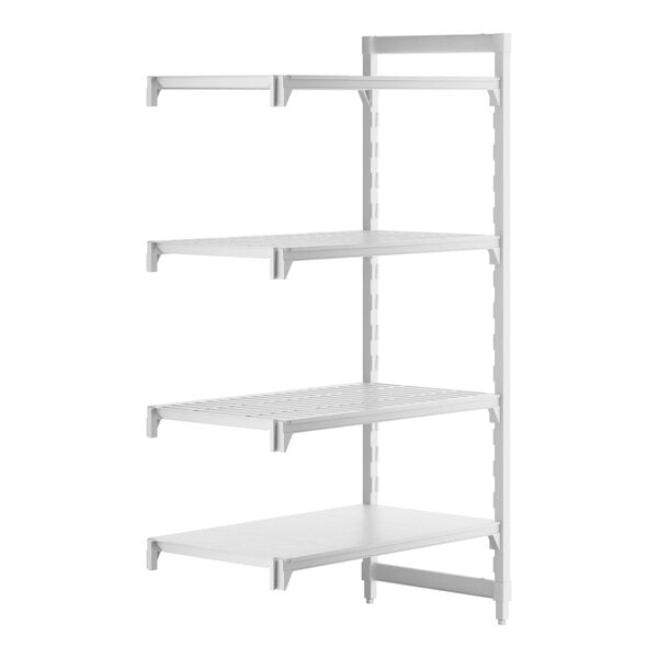 A white Cambro Camshelving® add-on unit with 3 vented and 1 solid shelf.
