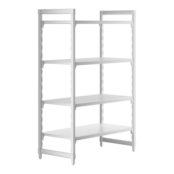 A white Cambro Camshelving® Premium stationary unit with 3 vented shelves and 1 solid shelf.