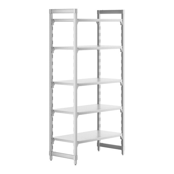 A white Cambro Camshelving® Premium stationary starter unit with 5 shelves.
