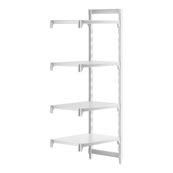A white Cambro Camshelving® Premium stationary add-on unit with 3 vented shelves and 1 solid shelf.