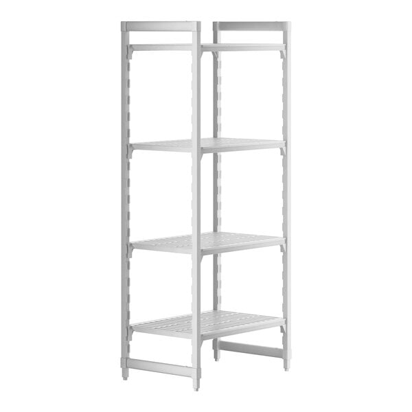 A white plastic Cambro Camshelving Premium unit with 4 vented shelves.