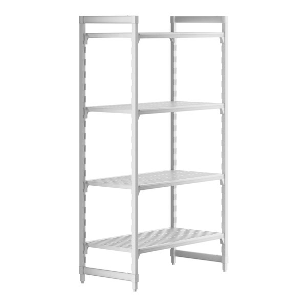 A white plastic Cambro Camshelving® Premium unit with four shelves.