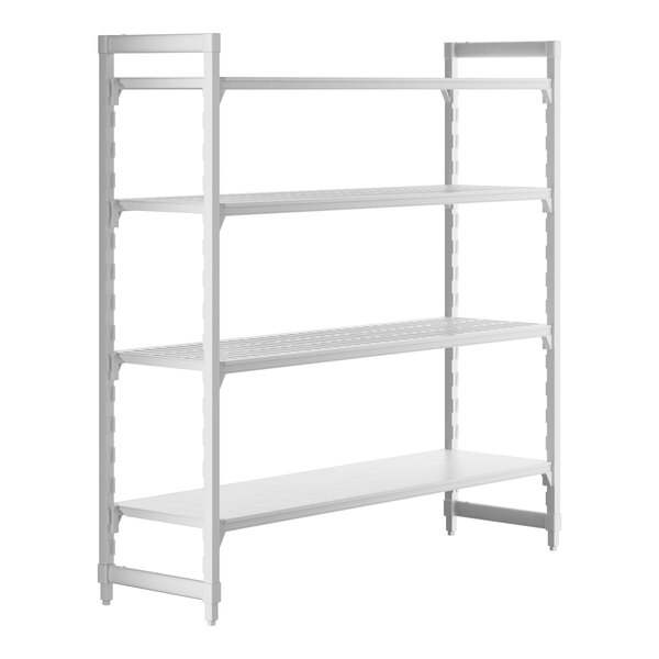 A white Camshelving Premium stationary unit with 3 vented shelves and 1 solid shelf.