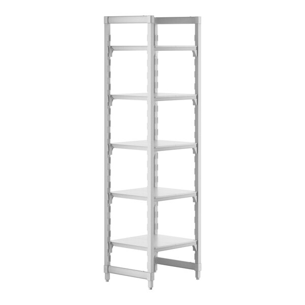 A white Cambro Camshelving Premium stationary unit with four shelves.