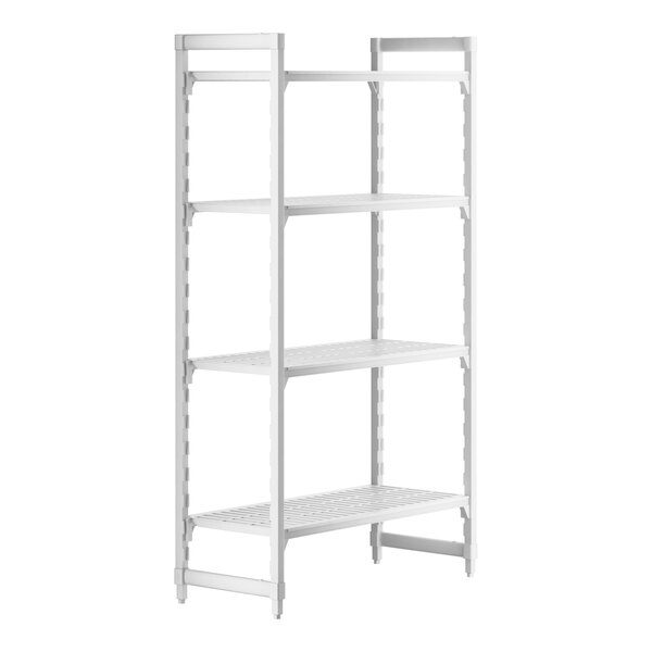 A white Cambro Camshelving Premium unit with 4 shelves.