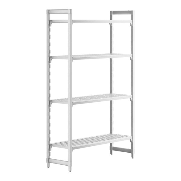 A white plastic Cambro Camshelving Premium shelving unit with four shelves.