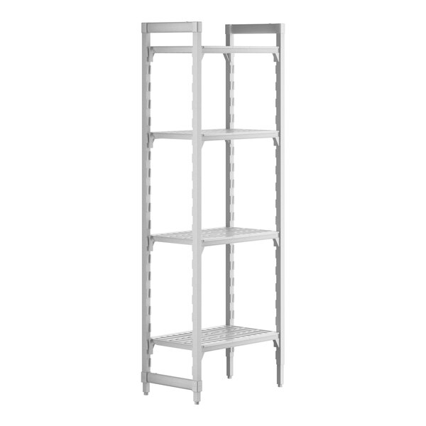 A grey Cambro Camshelving Premium unit with four vented shelves.
