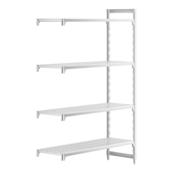 A white plastic Cambro Camshelving® Premium add-on unit with four white vented shelves.