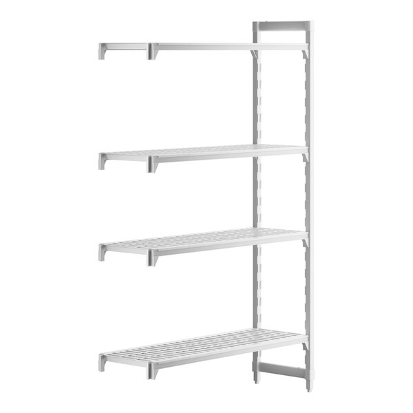 A white plastic Cambro Camshelving® Premium add on unit with four vented shelves.